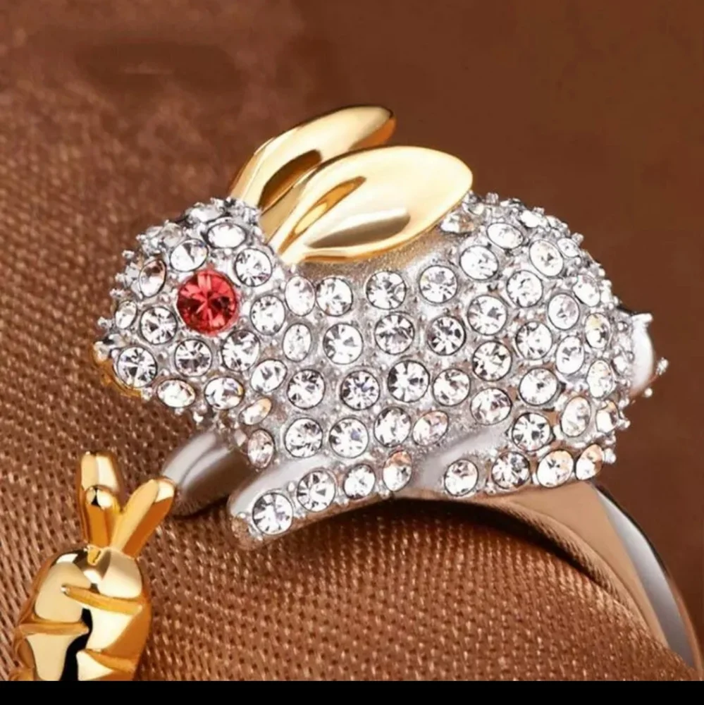 Rabbit bunny crystal ring adjustable sz 7 8 9 new Easter spring carrot 925 - Picture 4 of 12